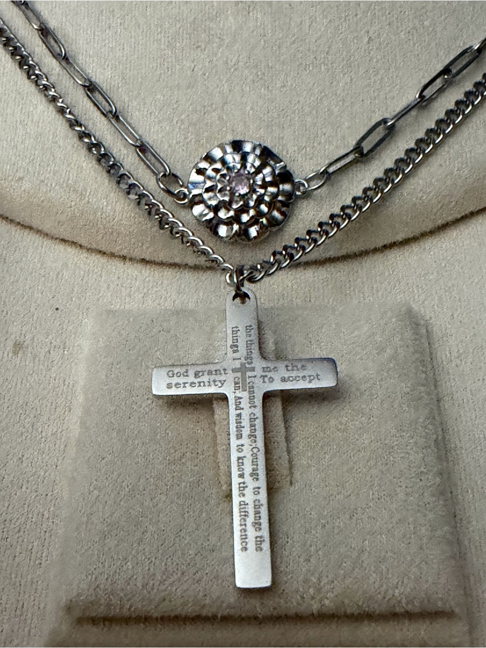 Double-Layer Silver Cross Necklace with Sparkling Disc Accent